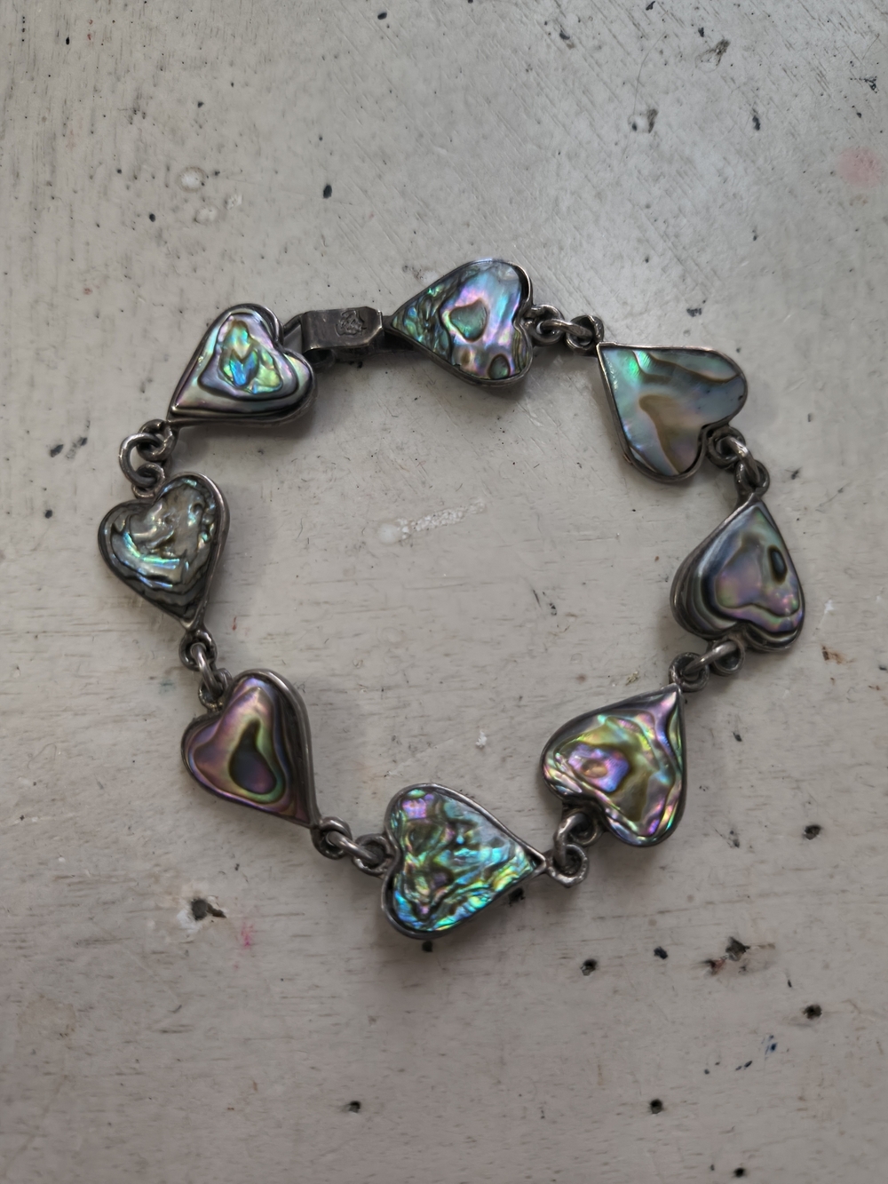 Vintage Mexican 925 Sterling Silver Abalone Heart Link Bracelet | Taxco Style |